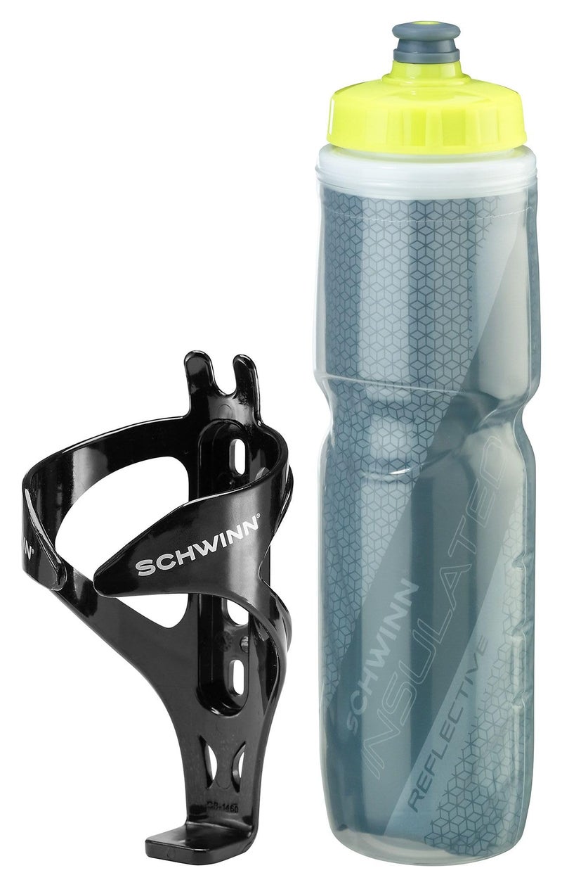 Schwinn Reflective Insulated Water Bottle with Holder for Bicycle, 26 oz, BPA-Free, Dual-Stage Nozzle, Easy Squeeze, Cage Easily Mounts to Bike, Night Visibility, Bike Water Bottle Holder Combo - Image 1